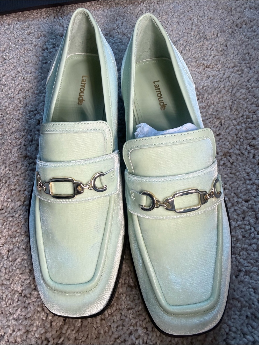Larroude Mint Green Velvet Horsebit Loafers